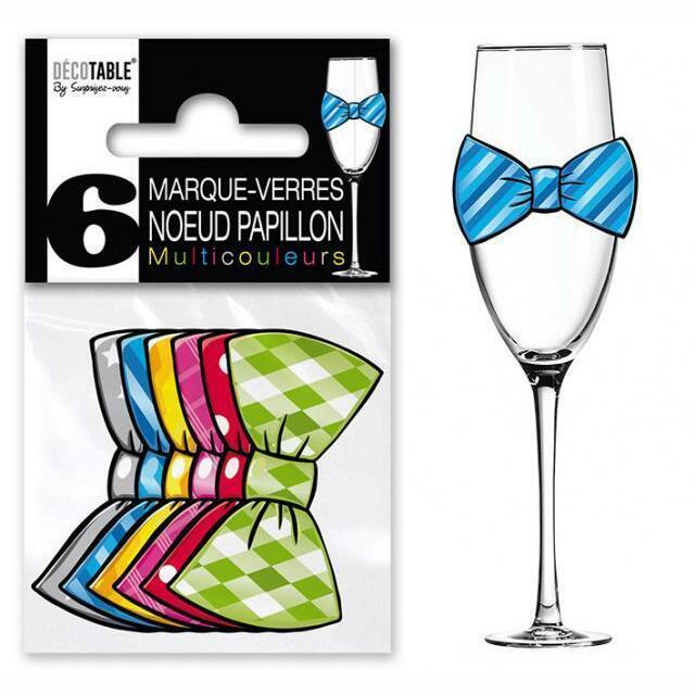6 Marques verres multicolores - Modèles au choix,Noeud Papillon,Farfouil en fÃªte,Marques places, marques verres, étiquettes, porte-nom