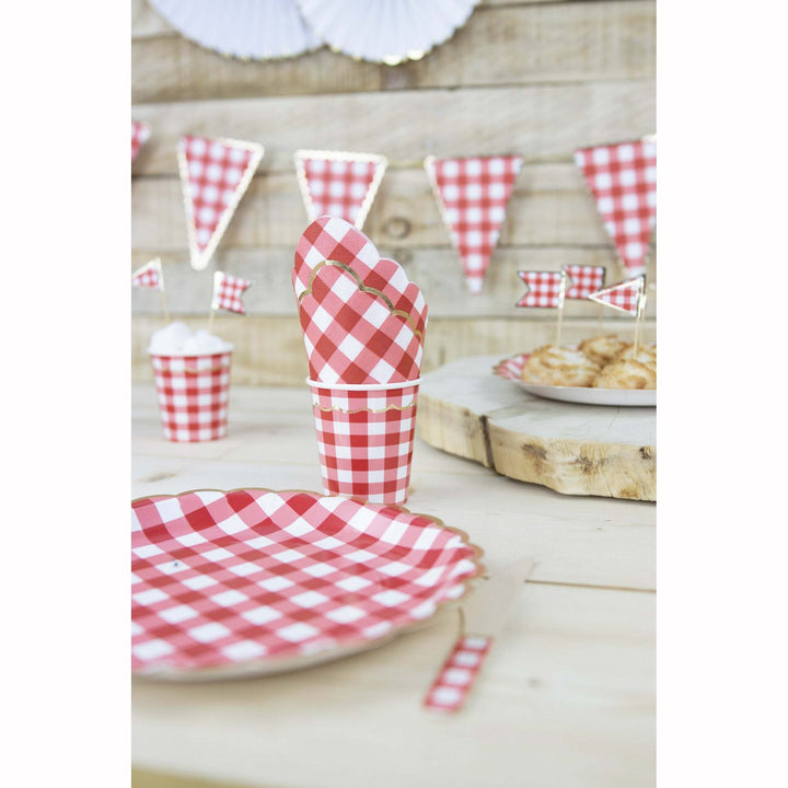 8 petites fourchettes en bois vichy rouge et blanc,Farfouil en fÃªte,Couverts jetables