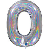 FOLIENBALLON NUMMER 0 GLÄNZEND SILBER HOLOGRAPHISCH 40
