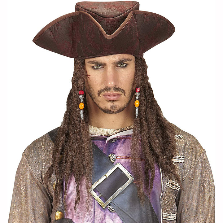 Chapeau tricorne de pirate marron avec cheveux,Farfouil en fÃªte,Chapeaux