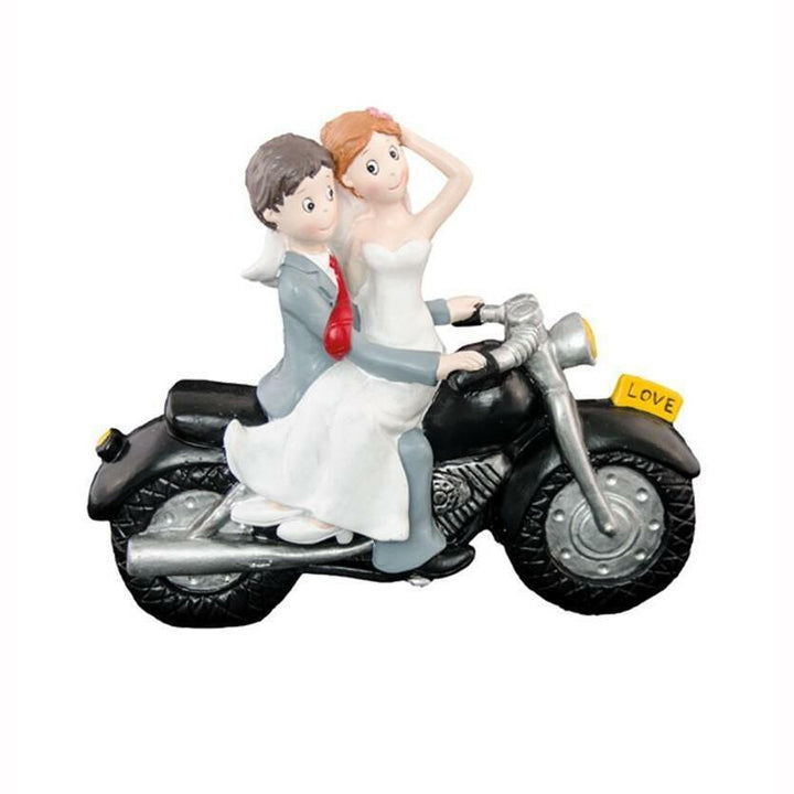 FIGURINE COUPLE MARIÉS RÉSINE SUR MOTO NOIRE 19x7.5x17 CM,Farfouil en fÃªte,Sujets gâteaux