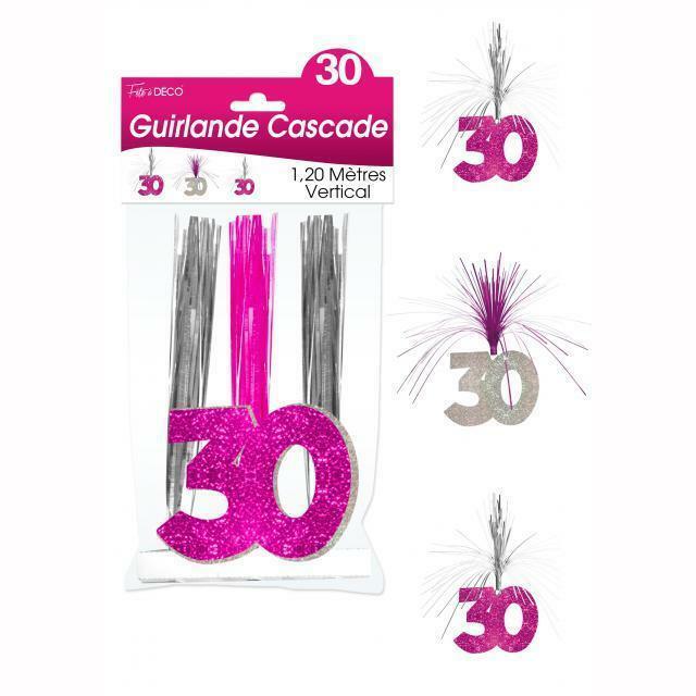 GUIRLANDE CASCADE 30 ANS HOLOGRAMME ROSE,Farfouil en fÃªte,Guirlandes, fanions et bannières