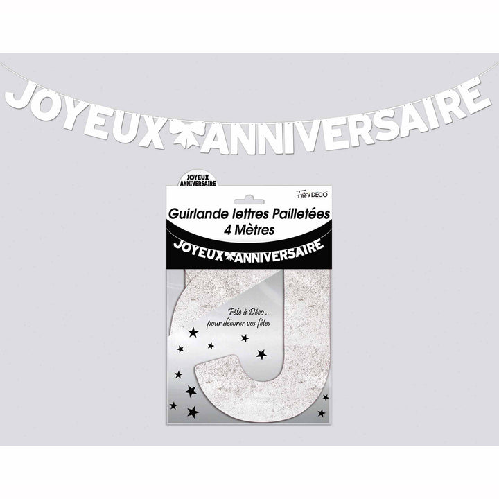 GUIRLANDE LETTRES "JOYEUX ANNIVERSAIRE" PAILLETTES BLANCHE 4M,Farfouil en fÃªte,Guirlandes, fanions et bannières