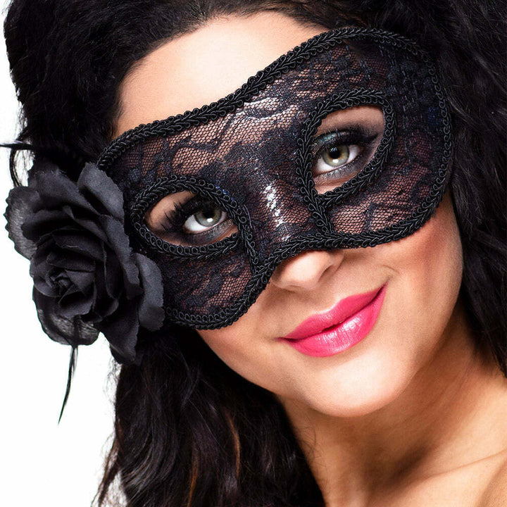 Loup femme en dentelle noire avec rose,Farfouil en fÃªte,Masques