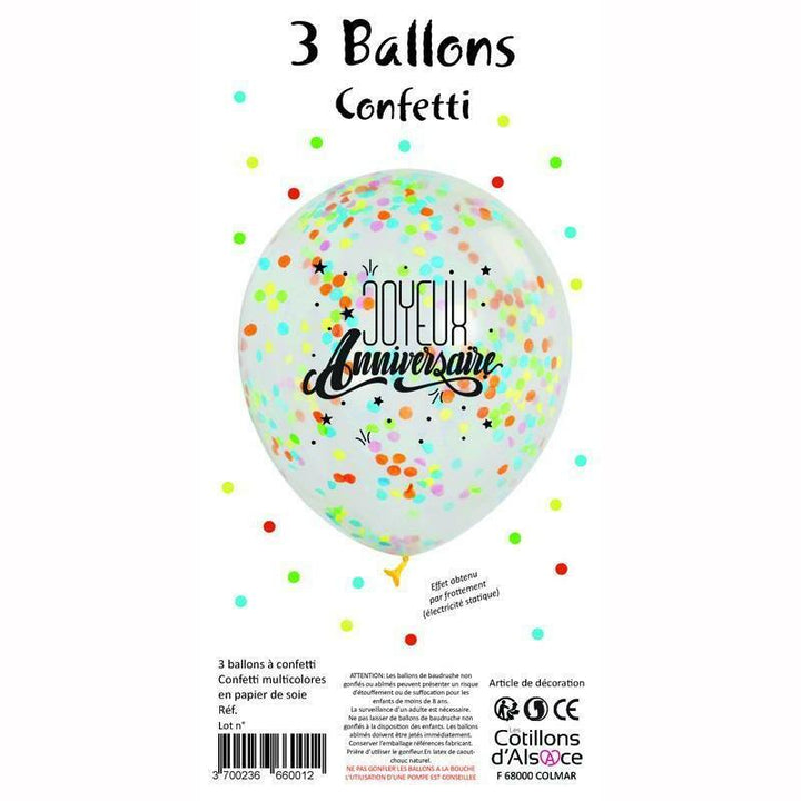 SACHET 3 BALLONS JOYEUX ANNIVERSAIRE CONFETTIS MULTICOLORES,Farfouil en fÃªte,Ballons