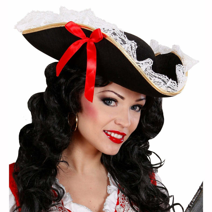 Tricorne de pirate dame avec dentelle et noeuds rouges,Farfouil en fÃªte,Chapeaux