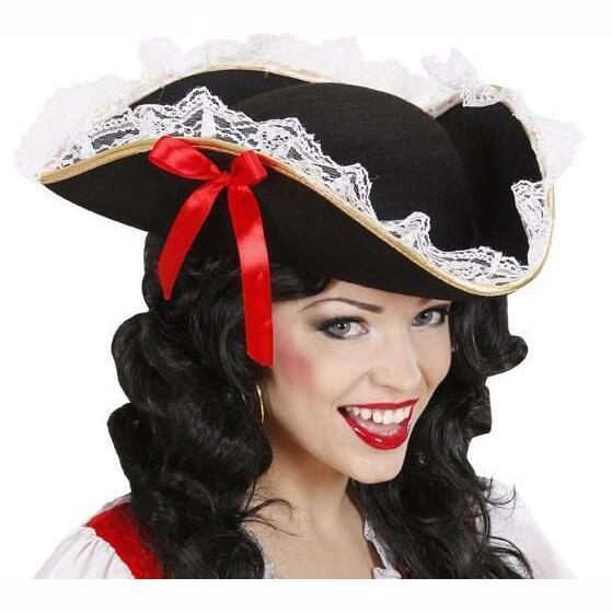 Tricorne de pirate dame avec dentelle et noeuds rouges,Farfouil en fÃªte,Chapeaux